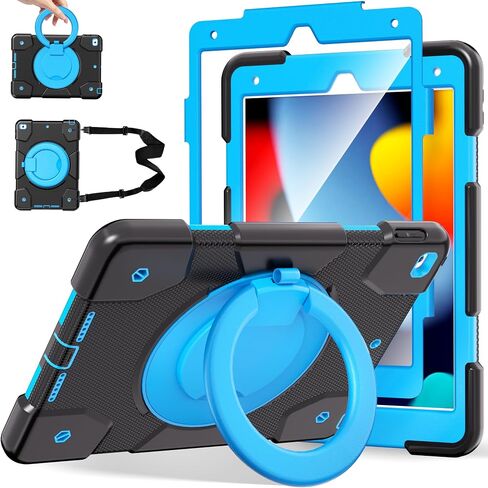 Andnary Case for iPad 9th/8th/7th Generation 10.2 inch, Shockproof Cover with Screen Protector/360° Rotate Stand/Pencil Holder/Shoulder Strap, Kids Case for iPad 2021/2020/2019 (Navy+Blue) in Kuwait
