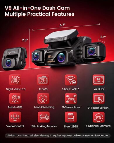 HUPEJOS 4K 360° View Dash Cam Front and Rear, 4 Channel Camera for Cars in Kuwait