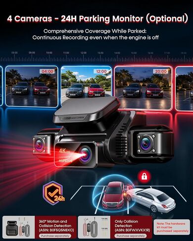 HUPEJOS 4K 360° View Dash Cam Front and Rear, 4 Channel Camera for Cars in Kuwait