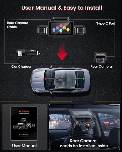 HUPEJOS 4K 360° View Dash Cam Front and Rear, 4 Channel Camera for Cars in Kuwait