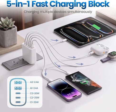 3Pack 100W 5Port USB-C PD&QC Fast Wall Charger Apple Charging Block Adapter in Kuwait