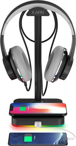 KAFRI RGB Dual Headphone Stand with Wireless Charger Desk Gaming Double Headset Holder Hanger Rack with 10W/7.5W QI Charging Pad and QC 3.0 USB Port - Suitable for Gamer Desktop Table Game Earphone in Kuwait
