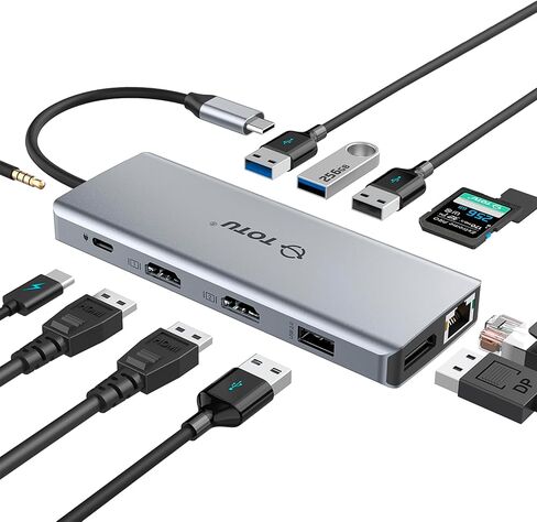 USB C HUB, Upgraded TOTU 13 in 1 Type C Hub Dongle Adapter (4K Dual HDMI&DP,75W PD), Triple Display Docking Station for Windows&Macbook Pro USB C Systems, macOS only Support Mirror Display in Kuwait
