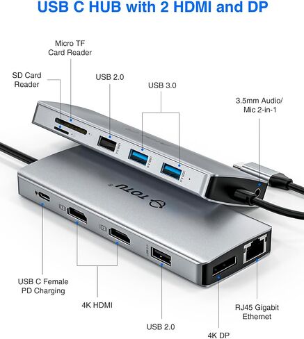 USB C HUB, Upgraded TOTU 13 in 1 Type C Hub Dongle Adapter (4K Dual HDMI&DP,75W PD), Triple Display Docking Station for Windows&Macbook Pro USB C Systems, macOS only Support Mirror Display in Kuwait