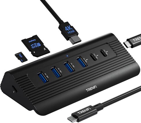 TRENFI 10-in-1 Aluminum USB C Hub with Detachable Cable | USB 3.2 Gen2 10Gbps, 4K 60Hz HDMI, 100W PD Charging, SD/TF Reader for Laptop, M1-M5 MacBook Pro/Air, Mac mini (Black) in Kuwait