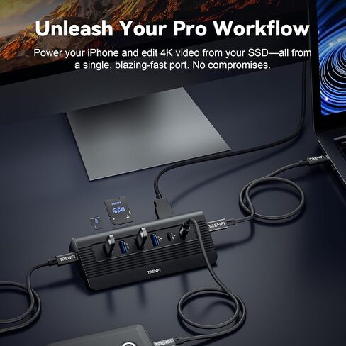 TRENFI 10-in-1 Aluminum USB C Hub with Detachable Cable | USB 3.2 Gen2 10Gbps, 4K 60Hz HDMI, 100W PD Charging, SD/TF Reader for Laptop, M1-M5 MacBook Pro/Air, Mac mini (Black) in Kuwait