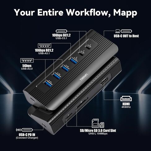 TRENFI 10-in-1 Aluminum USB C Hub with Detachable Cable | USB 3.2 Gen2 10Gbps, 4K 60Hz HDMI, 100W PD Charging, SD/TF Reader for Laptop, M1-M5 MacBook Pro/Air, Mac mini (Black) in Kuwait