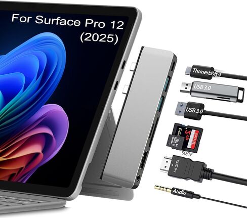 Surface Pro 12 Accessories Docking Station, USB Hub and Adapter with 4K HDMI, USB-C Thunderbolt 4 (Display+Data+100W PD), 2 USB 3.0, 3.5mm Audio, SD/TF Card Slot for Surface Pro 12 inch 2025 in Kuwait