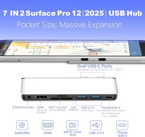 Surface Pro 12 Accessories Docking Station, USB Hub and Adapter with 4K HDMI, USB-C Thunderbolt 4 (Display+Data+100W PD), 2 USB 3.0, 3.5mm Audio, SD/TF Card Slot for Surface Pro 12 inch 2025 in Kuwait