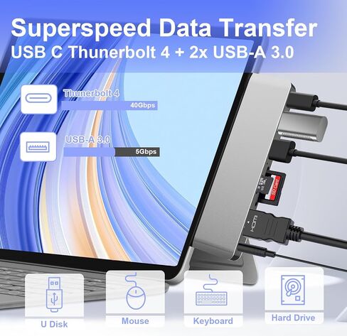 Surface Pro 12 Accessories Docking Station, USB Hub and Adapter with 4K HDMI, USB-C Thunderbolt 4 (Display+Data+100W PD), 2 USB 3.0, 3.5mm Audio, SD/TF Card Slot for Surface Pro 12 inch 2025 in Kuwait