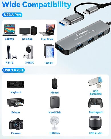 USB hub Splitter for Laptop,USB hub 1to4,USB 3.0 Splitter USB c hub,3.0 HUB Port Expander (USB 3.0 HUB-Silver) in Kuwait