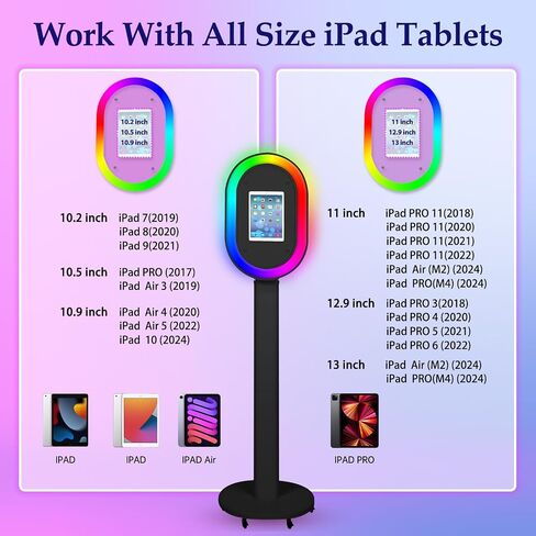 Photo Booth for iPad 10.2'' 10.5'' 10.9" 11" 12.9" 13" Shell Stand Selfie Station Customized Logo Photobooth Machine with Beauty RGB Ring Light and Honeycomb Box for Events Wedding Parties in Kuwait