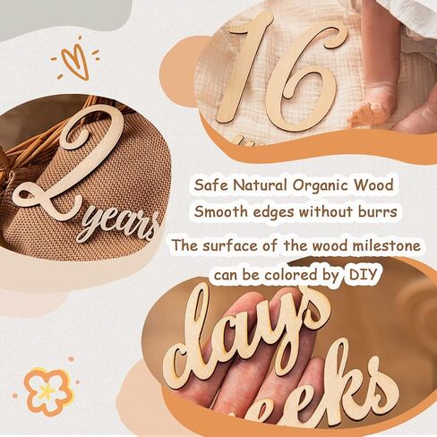 19pcs Baby Milestone Numbers Wooden Milestones Newborn Photography Prop Wooden Milestone Monthly Card in Kuwait