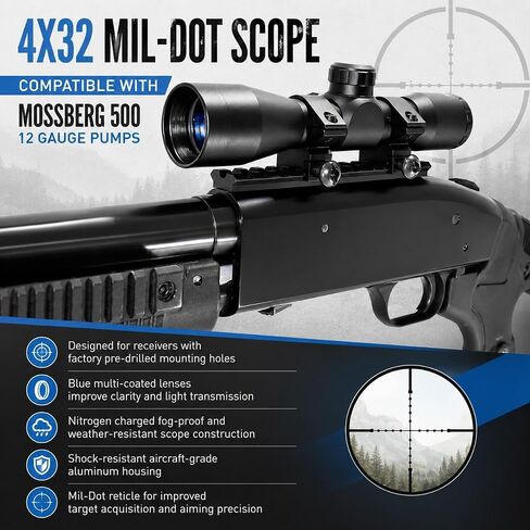 TRINITY 4x32 Shotgun Scope Kit with Weaver Rail Compatible with Mossberg 500/590 Pump – Mil-Dot Reticle, Blue Multi-Coated Lenses in Kuwait