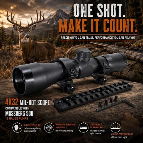 TRINITY 4x32 Shotgun Scope Kit with Weaver Rail Compatible with Mossberg 500/590 Pump – Mil-Dot Reticle, Blue Multi-Coated Lenses in Kuwait