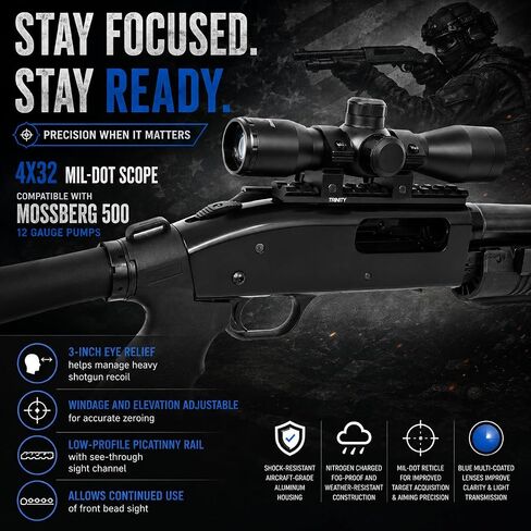 TRINITY 4x32 Shotgun Scope Kit with Weaver Rail Compatible with Mossberg 500/590 Pump – Mil-Dot Reticle, Blue Multi-Coated Lenses in Kuwait