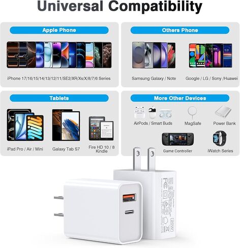 USB C Wall Charger Block 20W, 3-Pack Dual Port PD Power Delivery Fast Type C Charging Block Plug Adapter for iPhone 13/14/15/16/17/Pro Max, XS/XR/X, iPad Pro, AirPods Pro, Samsung Galaxy(White) in Kuwait