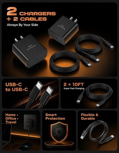 2 Pack Super Fast Charger for Samsung S26 Ultra PPS PD 3.0 with 10FT Cables in Kuwait
