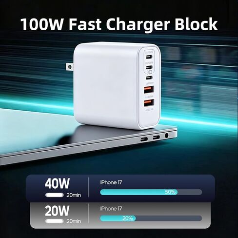 Super Fast USB C Charger Block,100W 5-Port USB C Phone Charger Power Adapter Plug,2Pack Multiport Type C Wall Charger Cubes for iPhone 17 Pro Max/17 Pro/17 Air,16 Pro/16e/15 Plus,MacBook,Android Phone in Kuwait