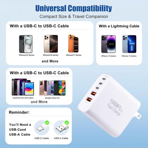 Super Fast USB C Charger Block,100W 5-Port USB C Phone Charger Power Adapter Plug,2Pack Multiport Type C Wall Charger Cubes for iPhone 17 Pro Max/17 Pro/17 Air,16 Pro/16e/15 Plus,MacBook,Android Phone in Kuwait