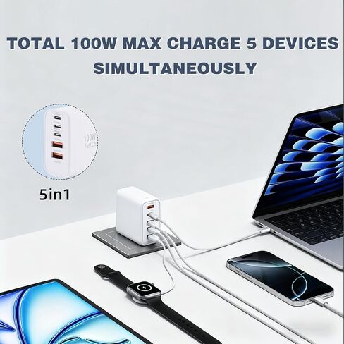 Super Fast USB C Charger Block,100W 5-Port USB C Phone Charger Power Adapter Plug,2Pack Multiport Type C Wall Charger Cubes for iPhone 17 Pro Max/17 Pro/17 Air,16 Pro/16e/15 Plus,MacBook,Android Phone in Kuwait