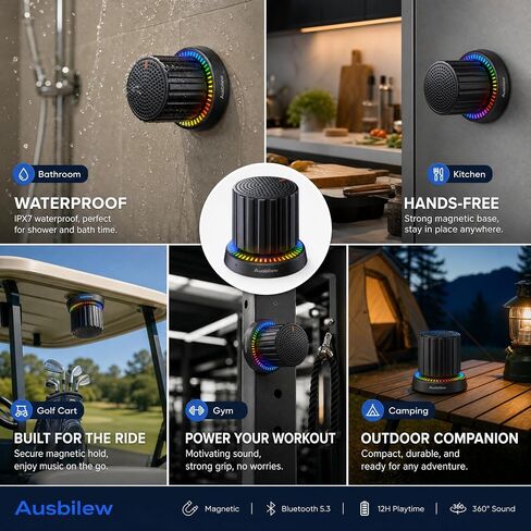 Magnetic Shower Speaker with Rotary Knob, IPX5 Waterproof Bluetooth Speaker with Suction Cup & 2 Magnetic Plates, RGB Lights, Portable Bathroom Speaker for Shower, Kitchen, Pool & Outdoor in Kuwait