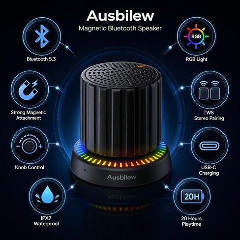 Magnetic Shower Speaker with Rotary Knob, IPX5 Waterproof Bluetooth Speaker with Suction Cup & 2 Magnetic Plates, RGB Lights, Portable Bathroom Speaker for Shower, Kitchen, Pool & Outdoor in Kuwait