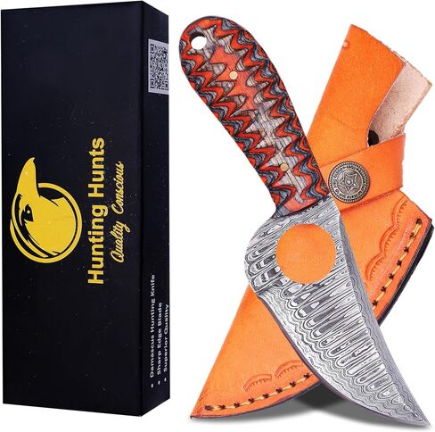Predator Hunter - Handmade Damascus Knife with Leather Sheath - For Skinning, Camping, Outdoor - EDC 7" Fixed Blade Bushcraft Knives | Red Black Exotic Wood Handle in Kuwait