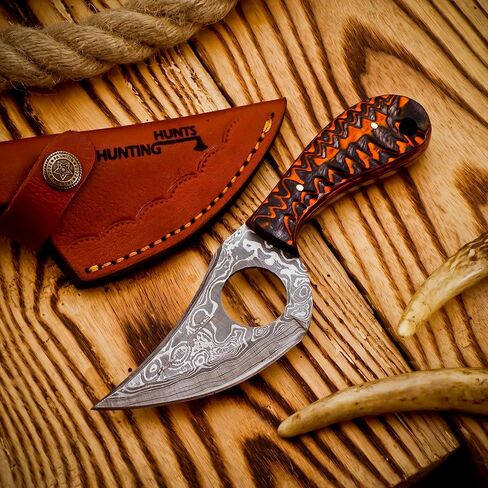 Predator Hunter - Handmade Damascus Knife with Leather Sheath - For Skinning, Camping, Outdoor - EDC 7" Fixed Blade Bushcraft Knives | Red Black Exotic Wood Handle in Kuwait