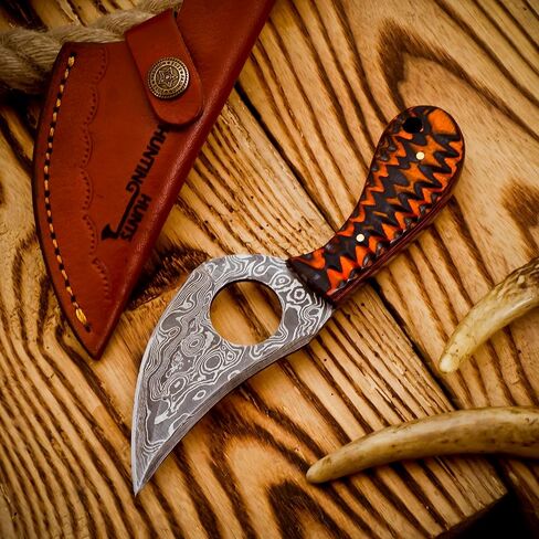 Predator Hunter - Handmade Damascus Knife with Leather Sheath - For Skinning, Camping, Outdoor - EDC 7" Fixed Blade Bushcraft Knives | Red Black Exotic Wood Handle in Kuwait