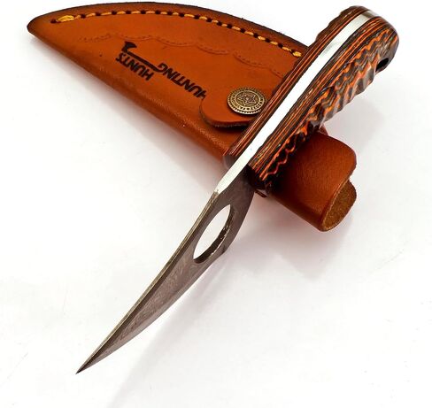 Predator Hunter - Handmade Damascus Knife with Leather Sheath - For Skinning, Camping, Outdoor - EDC 7" Fixed Blade Bushcraft Knives | Red Black Exotic Wood Handle in Kuwait