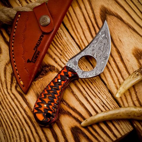 Predator Hunter - Handmade Damascus Knife with Leather Sheath - For Skinning, Camping, Outdoor - EDC 7" Fixed Blade Bushcraft Knives | Red Black Exotic Wood Handle in Kuwait