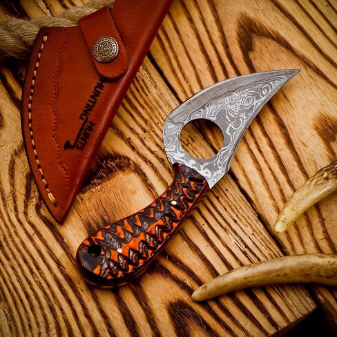 Predator Hunter - Handmade Damascus Knife with Leather Sheath - For Skinning, Camping, Outdoor - EDC 7" Fixed Blade Bushcraft Knives | Red Black Exotic Wood Handle in Kuwait