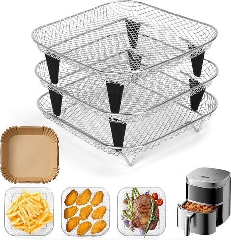 Air Fryer Rack, 3pcs 8" Stackable Square Air Fryer Basket Accessories, Stainless Steel, Dehydrator & Grill Use, Raised Feet & Disposable Liner Included, for Cosori Instant Vortex Chefman Ninja in Kuwait