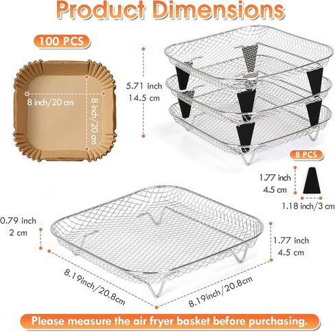 Air Fryer Rack, 3pcs 8" Stackable Square Air Fryer Basket Accessories, Stainless Steel, Dehydrator & Grill Use, Raised Feet & Disposable Liner Included, for Cosori Instant Vortex Chefman Ninja in Kuwait