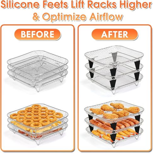Air Fryer Rack, 3pcs 8" Stackable Square Air Fryer Basket Accessories, Stainless Steel, Dehydrator & Grill Use, Raised Feet & Disposable Liner Included, for Cosori Instant Vortex Chefman Ninja in Kuwait