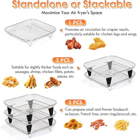 Air Fryer Rack, 3pcs 8" Stackable Square Air Fryer Basket Accessories, Stainless Steel, Dehydrator & Grill Use, Raised Feet & Disposable Liner Included, for Cosori Instant Vortex Chefman Ninja in Kuwait