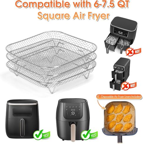 Air Fryer Rack, 3pcs 8" Stackable Square Air Fryer Basket Accessories, Stainless Steel, Dehydrator & Grill Use, Raised Feet & Disposable Liner Included, for Cosori Instant Vortex Chefman Ninja in Kuwait