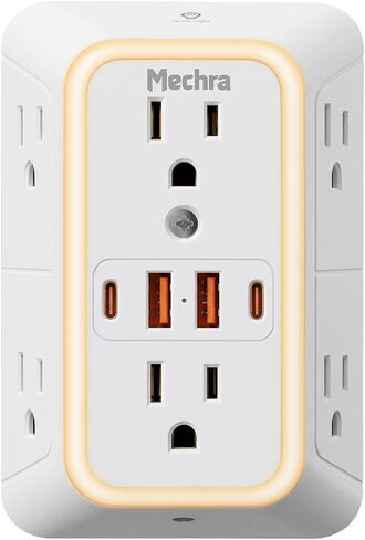 10-in-1 Wall Outlet Extender with 20W PD Fast Charging, Multi Plug Surge Protector (1050J) with Night Light, 6 Wide Spaced AC Outlets, 4 USB Ports, Wall Charger for Home Office Travel in Kuwait