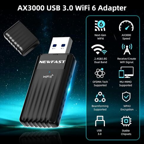 NEWFAST WiFi 6 USB Adapter for Desktop PC U351,AX3000 Wireless Network Adapter,Dual Band USB 3.0 WiFi Dongle Adapter Support MU-MIMO,Beamforming, WPA3,Compatible with Windows 10/11,Portable Design in Kuwait