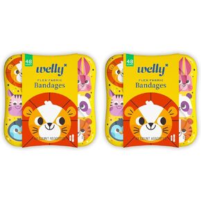 Welly Bandages | Adhesive Flexible Fabric Bravery Badges | Assorted Shapes for Minor Cuts, Scrapes, and Wounds | Colorful and Fun First Aid Tin | Zoo Animals Patterns - 48 Count in Kuwait