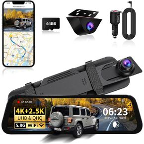 Mirror Dual Dash Camera for Car, Dashcam 4K Front 2.5K IMX335 Rear View/ADAS BSD LCA Wi-Fi&APP WDR Night Vision G-Sensor Loop Recording Parking Monitor 64GB Card in Kuwait