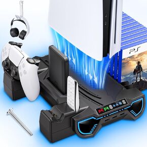 PS5/Slim/Pro Cooling Station and Controller Charging Station with LED Stand for PlayStation 5 Console - PS5 Controller Charger, Cooling Stand Accessory Kit-Cooler Fan/Headset Holder/3 USB Hub, White in Kuwait