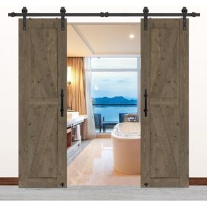 S&Z TOPHAND® 20in x 84in Double Elephant Gray Knotty Pine Barn Door with 8FT Sliding Hardware Kit/Double -Sided Handle/Solid Wood/Simple Assembly is Required in Kuwait