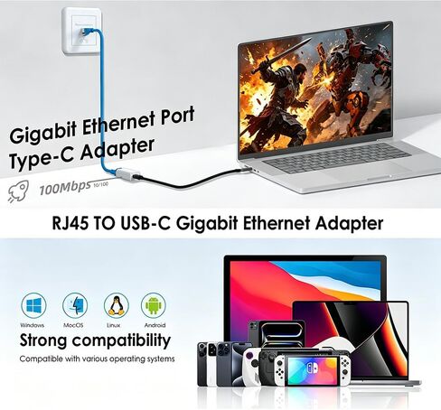 USB C to RJ45 Ethernet Adapter, Gigabit 100Mbps Network LAN Converter, USB-C Female to RJ45 Female Wired Ethernet Hub for Laptop PC Tablet, White in Saudi Arabia
