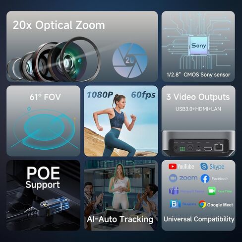 AI Auto-Tracking PTZ Camera 20x Optical Zoom HDMI USB IP Live Streaming Camera 1080P 60fps Video Conferencing System POE Supply for Church Services Worship Education Work with Zoom Team vMix OBS in Kuwait