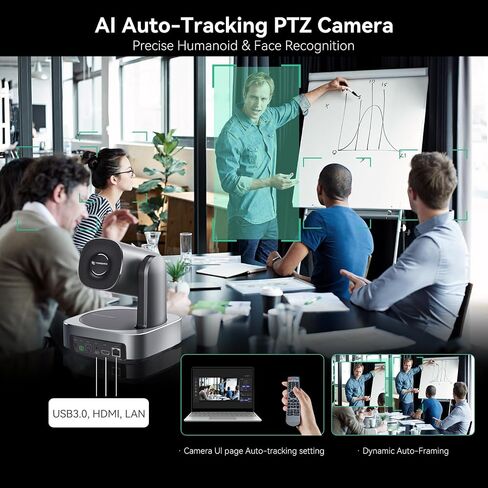 AI Auto-Tracking PTZ Camera 20x Optical Zoom HDMI USB IP Live Streaming Camera 1080P 60fps Video Conferencing System POE Supply for Church Services Worship Education Work with Zoom Team vMix OBS in Kuwait