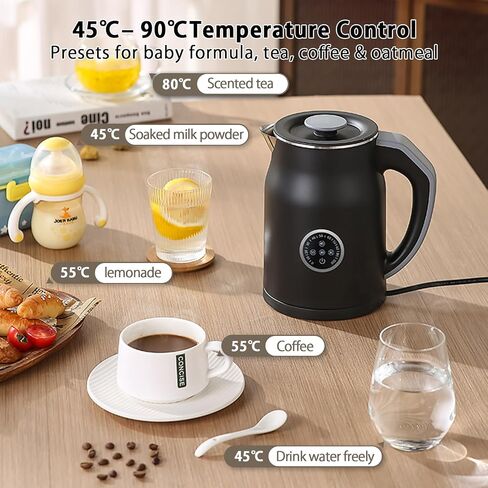 V-33 Electric Kettle 1.2L with 45-90C Temperature Control, 1000W Fast Heating, 16H Keep Warm & 3-Min Lift Memory, Cool Touch Double Wall, 304 Stainless Steel, Black in Kuwait