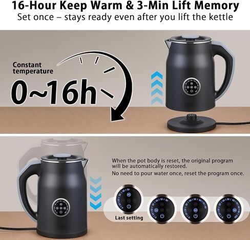 V-33 Electric Kettle 1.2L with 45-90C Temperature Control, 1000W Fast Heating, 16H Keep Warm & 3-Min Lift Memory, Cool Touch Double Wall, 304 Stainless Steel, Black in Kuwait