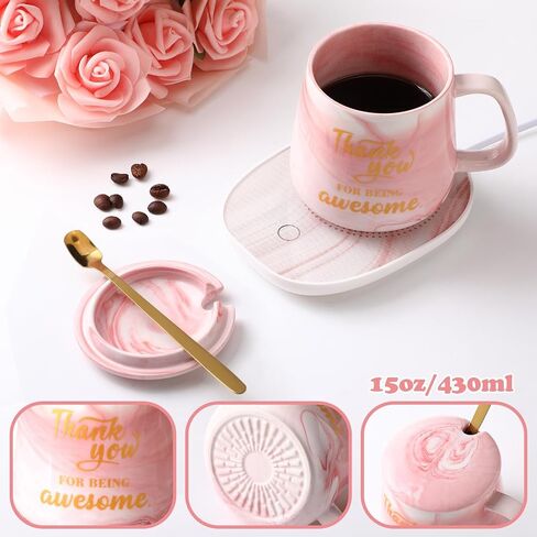 Nitial Thank You Coffee Warmer with Mug Set for Women Thank You for Being Awsome Pink Marble Mug Warming Set Employee Appreciation Gifts Birthday Gift for Coworker Volunteer Teacher in Kuwait